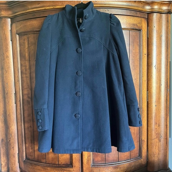 Free People Pleated Swing Blue Pea Coat Vintage Look Puff Shoulder 8 - Picture 3 of 5